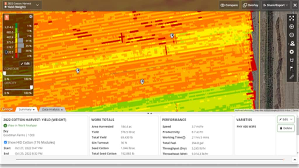 Screenshot of John&nbsp;Deere Operations Center&trade; showing Row by Row documentation of yield data